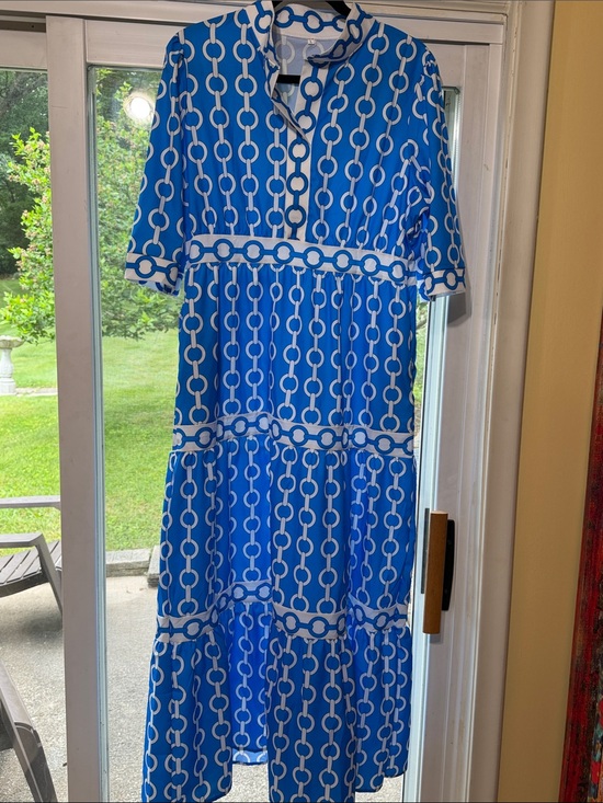unknown Dresses & Skirts - Bright Blue/White Chain-Print Tiered Lightweight Maxi Dress, Large